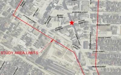 Street map with red lines highlighting downtown intersection projects