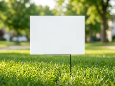 Blank white sign on a lawn in a residential neighbourhood