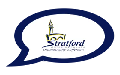 A speech bubble with the City of Stratford logo in the centre
